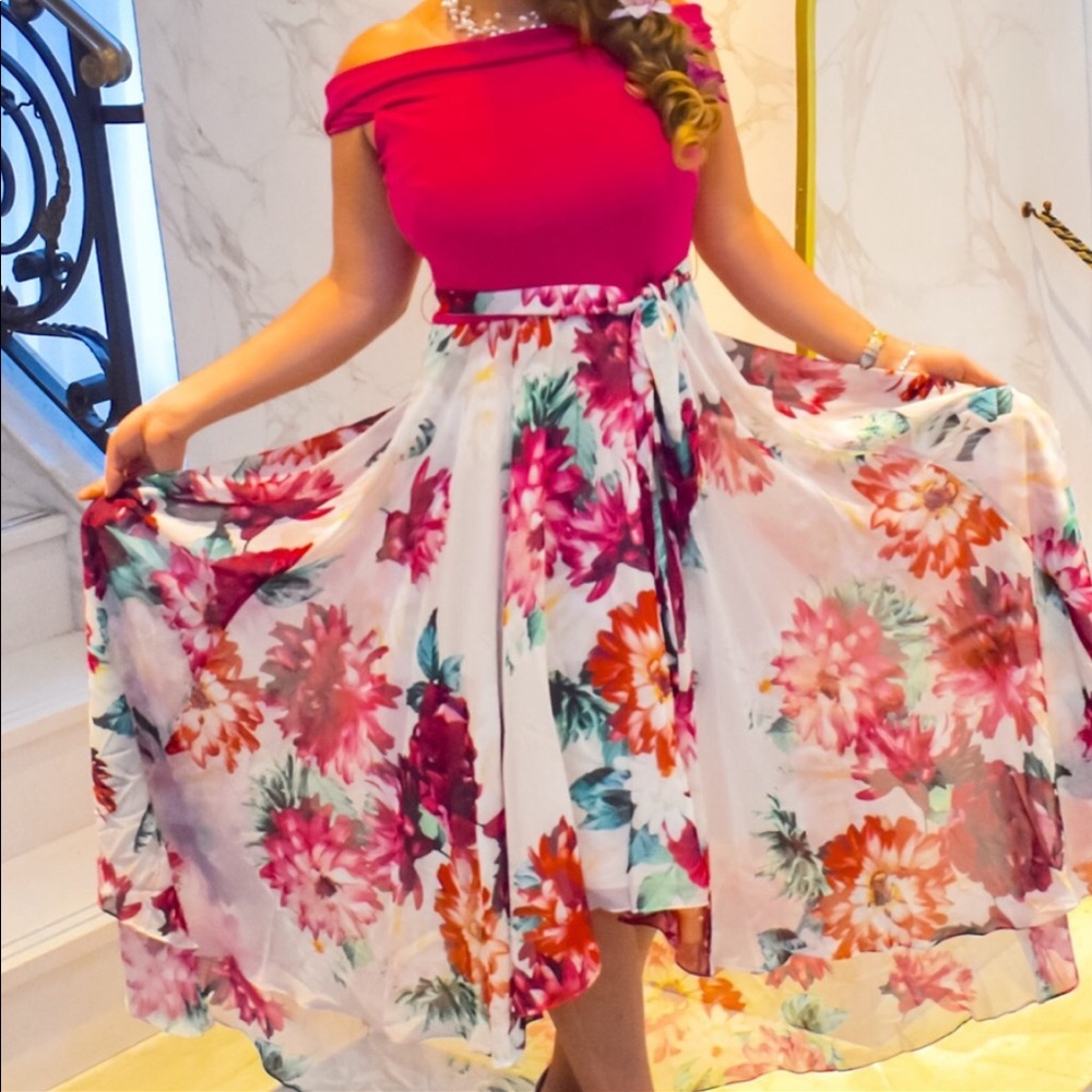 Floral High Low Dress in Pink and White